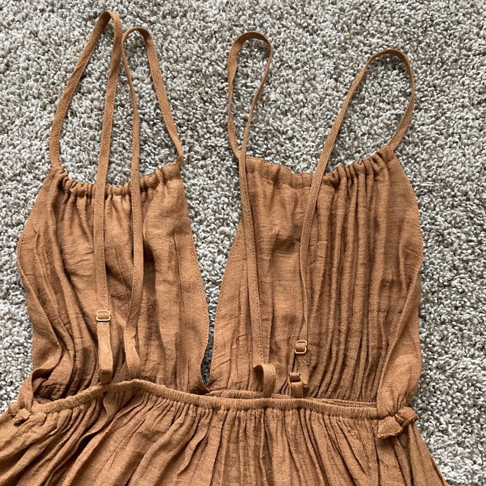 Copper Brown Open Back Strappy Boho Babydoll Tiered Ruffle Hem Boho dress sz S - Picture 7 of 10